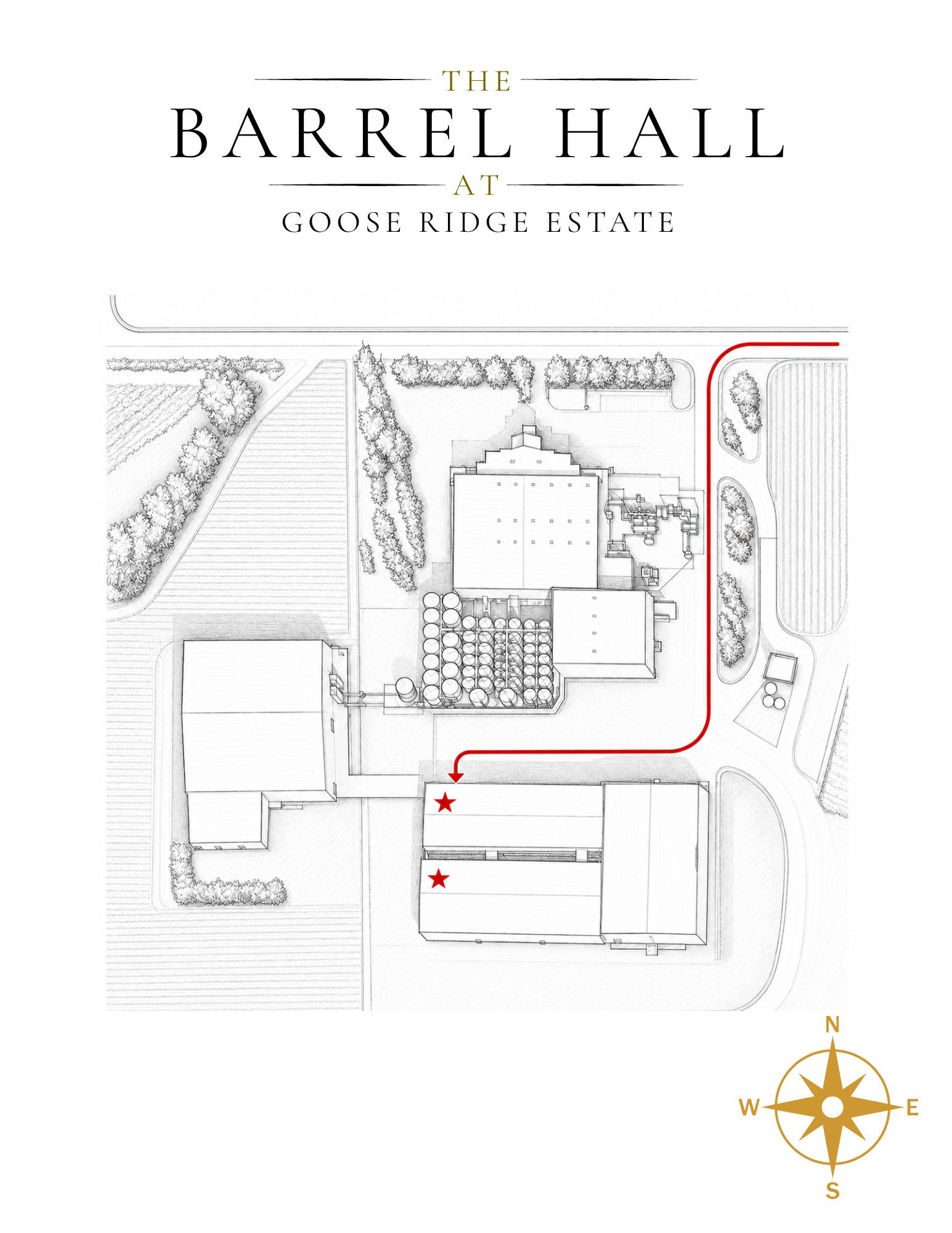 Site map and directions to The Barrel Hall at Goose Ridge Estate in Benton City