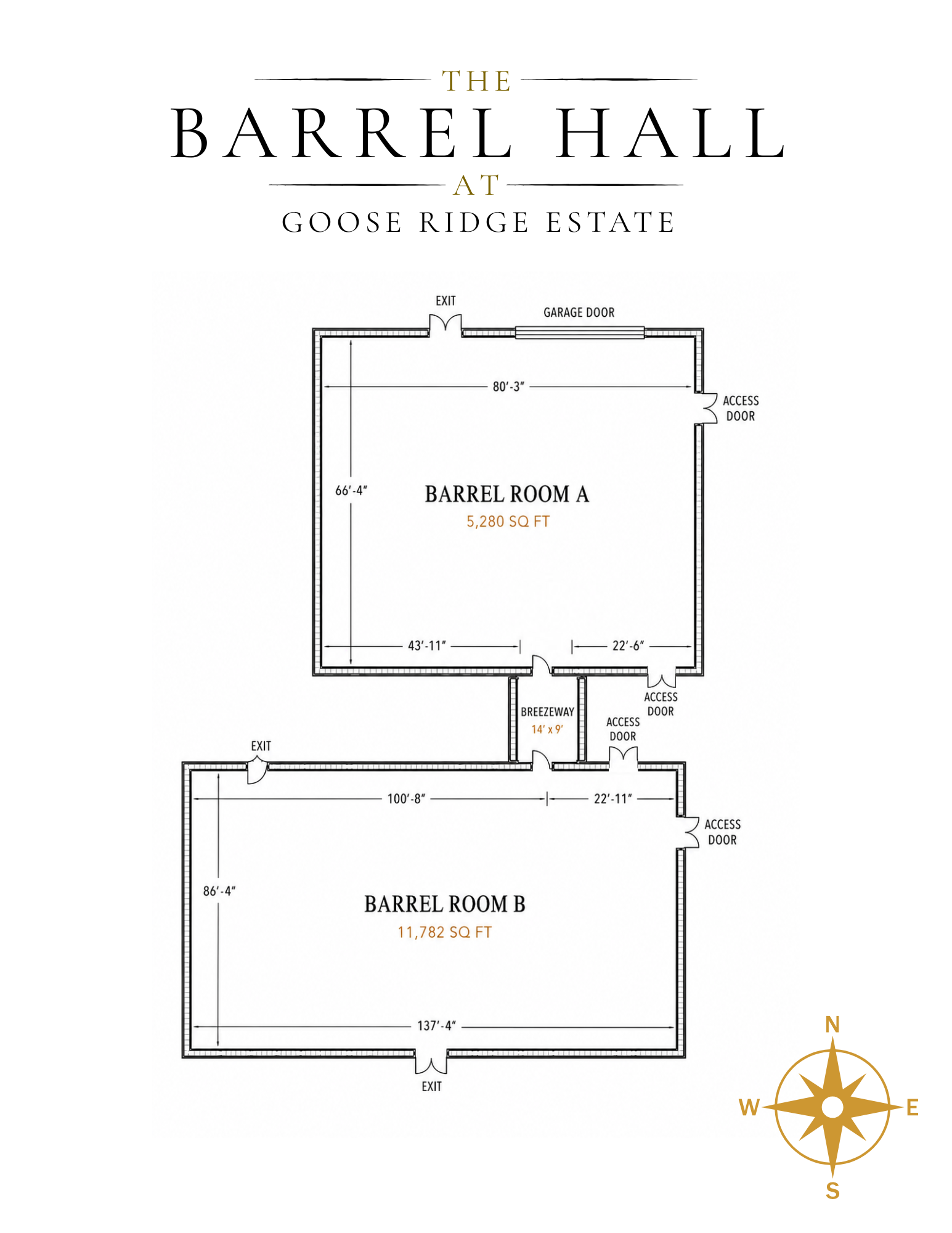The Barrel Hall floor plan — Barrel Room A at 5,280 square feet and Barrel Room B at 11,782 square feet, joined by a 14 by 9 foot breezeway
