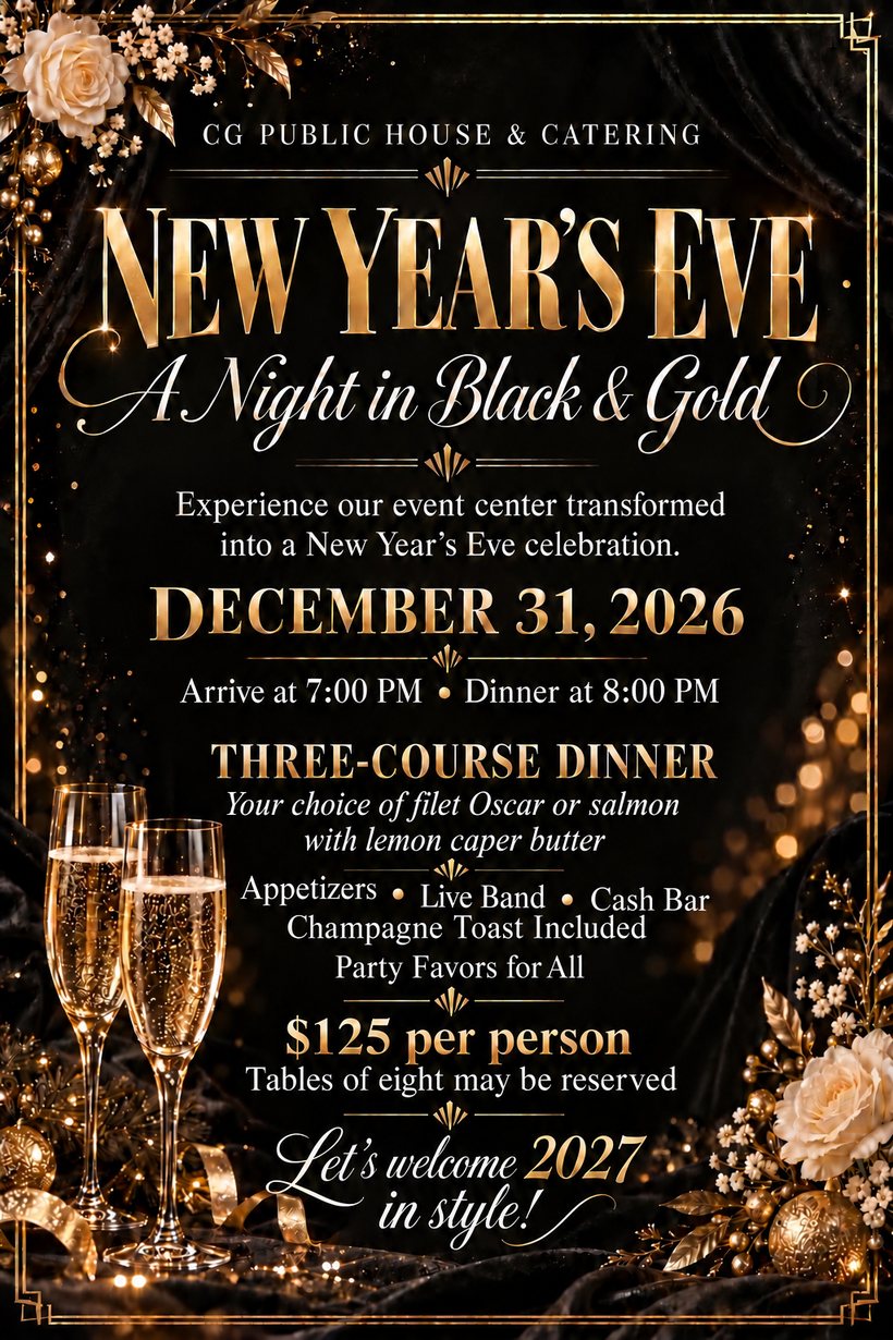 New Year's Eve flyer: A Night in Black and Gold at CG Public House, December 31, 2026