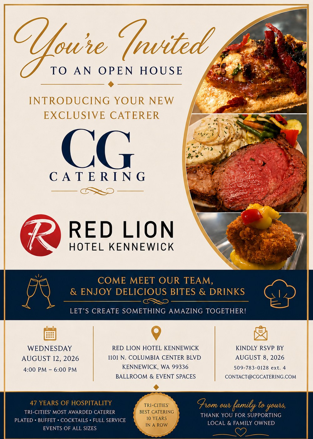 You're invited to an open house introducing CG Catering as the new exclusive caterer at the Red Lion Hotel Kennewick, Wednesday August 12, 2026, from 4 to 6 PM