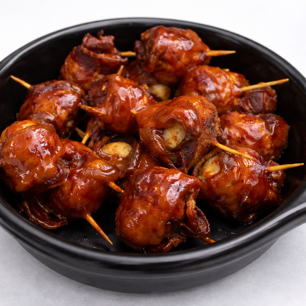 Bacon-wrapped water chestnuts glazed in barbecue sauce, served in a black bowl