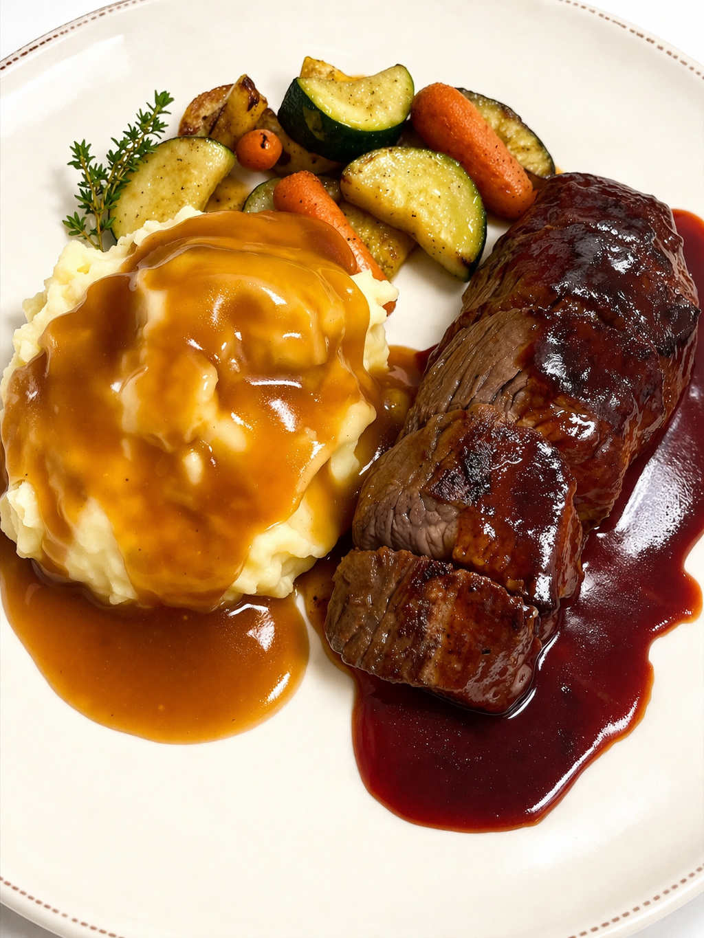 Sliced London broil in burgundy sauce with mashed potatoes and gravy and roasted vegetables